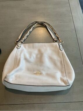 Coach White Pebbled Leather Shoulder Bag with Snakeskin-Print Handles